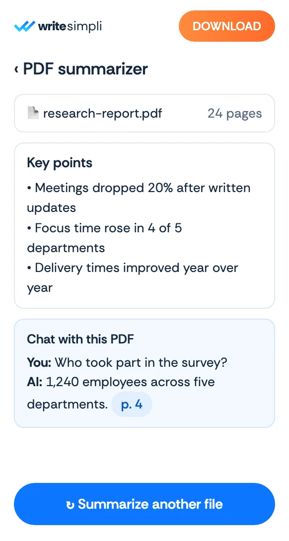 The WriteSimpli app showing a PDF with an AI summary and key points