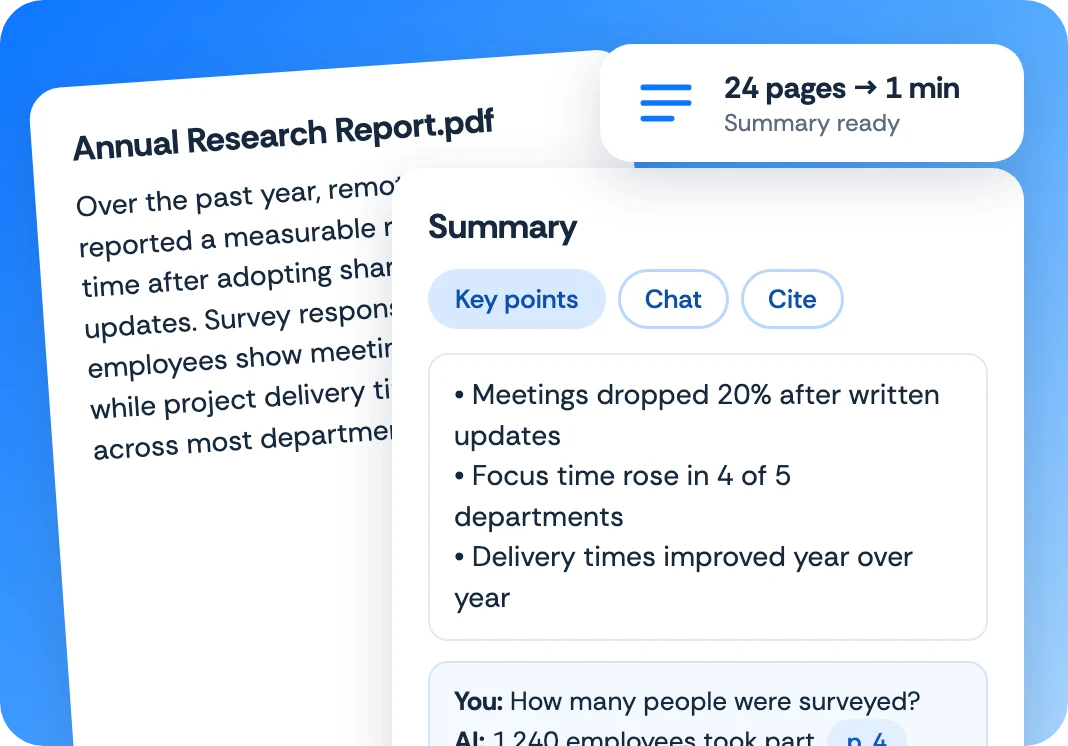 A PDF next to an AI summary with key points and an answer to a question about the document